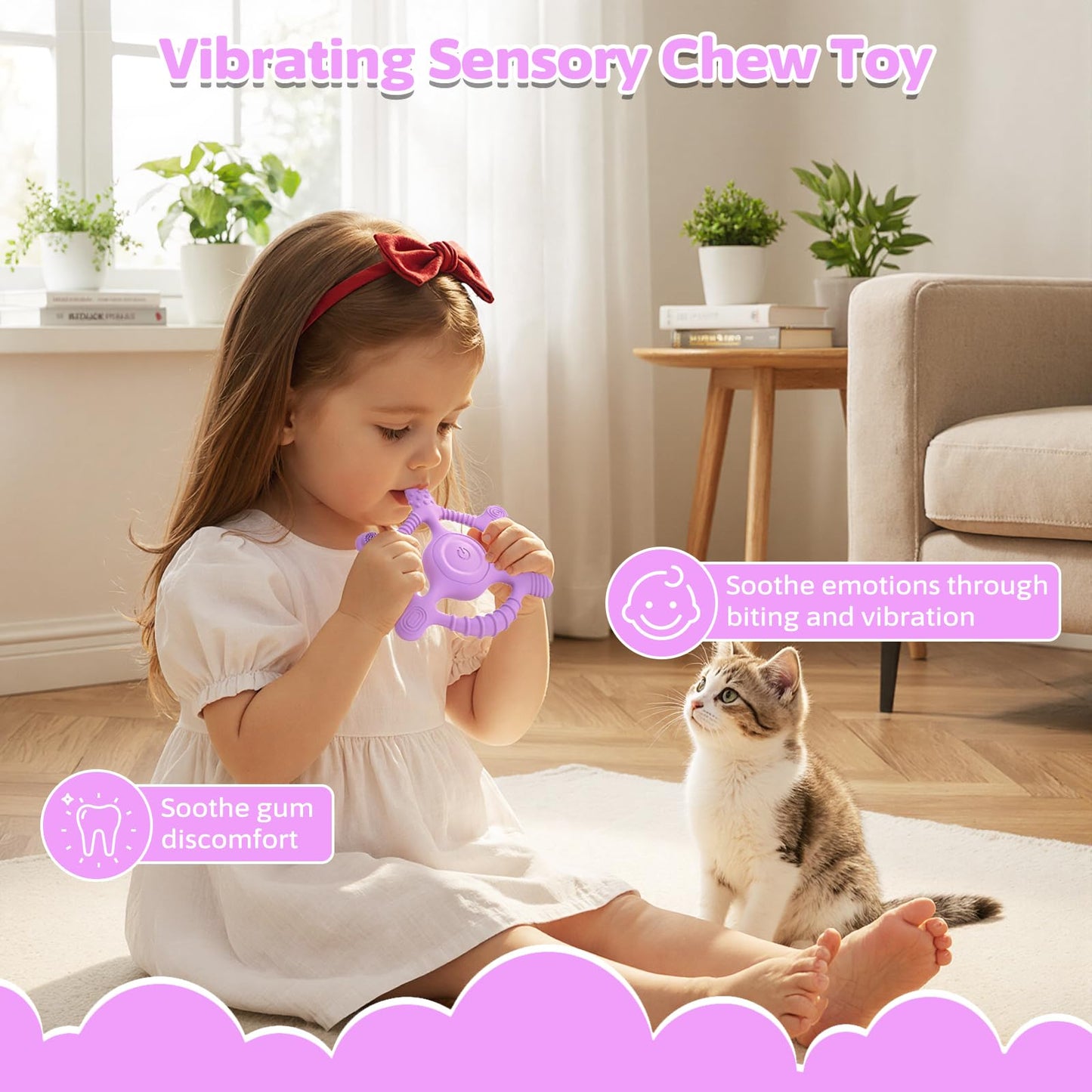 Vibrating Teether for Baby, Sensory Toys for Kids with Autism & Teething Relief for Babies 6-18 Months, USB Chargeable with 3 Vibration Settings, Autism Sensory Products (Purple)