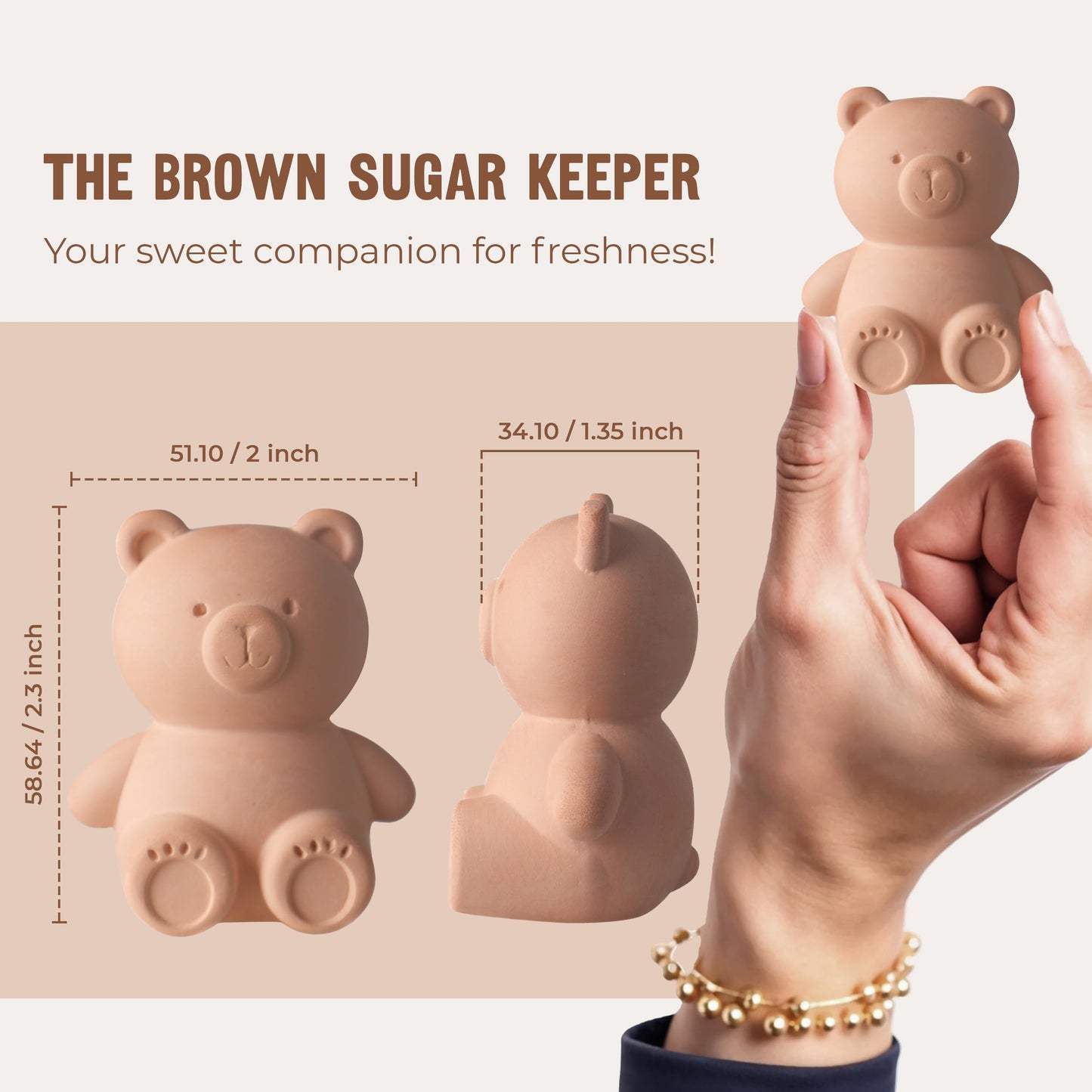 Sifri Art Brown Sugar Bear Keeper – 3D Terracotta Clay Sugar Saver Softener, Reusable Moisture Stone for Brown Sugar, Cookies, Marshmallows, Herbs, Baking & Kitchen Storage