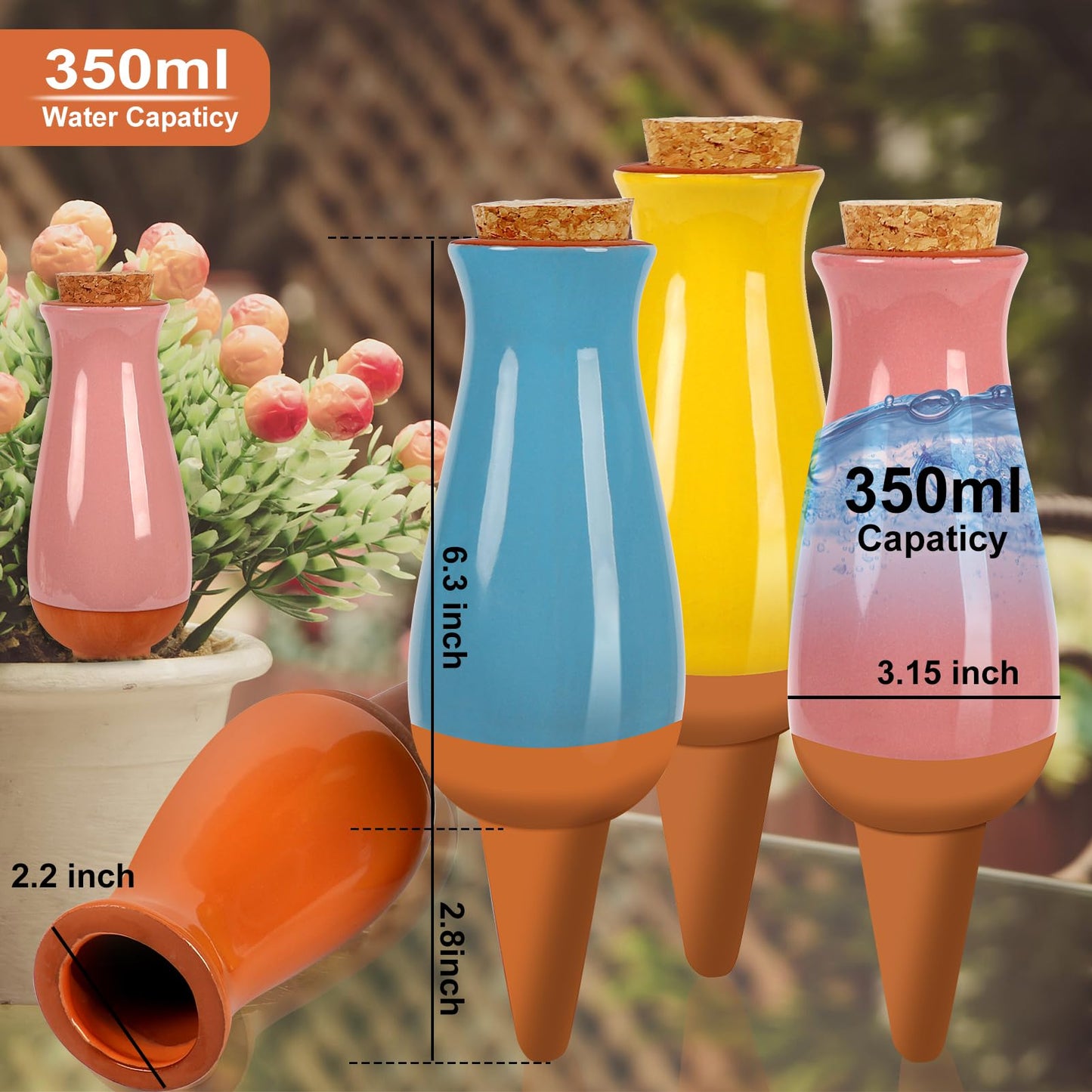 4 Packs Ollas Plant Watering Globes, 12 Oz Terracotta Self Watering Planter Insert, Automatic Watering Devices, Clay Drip Irrigation Stake for Indoor & Outdoor Plant, 1 Week Easy to Refill(Multicolor)