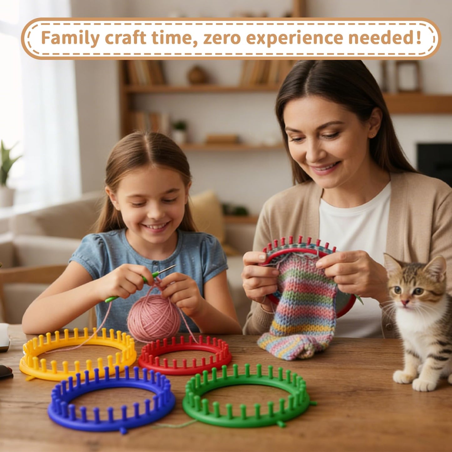 Cesilili Knitting Loom Kit with Pompom Maker Round Knitting Loom for Beginner 4 Sizes (4/6/8/10 Inches) Needle Set DIY Tool for Hats Scarves Handcrafts