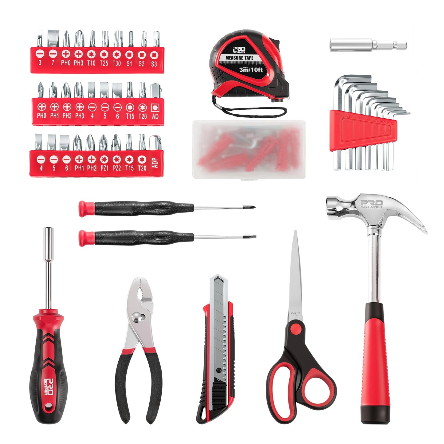 Prostormer 93-Piece Tool Kit, Basic Household Repair Tool Set with Toolbox Storage Case, Small Starter Tool Box Kit for Homeowners and College Students (Red)