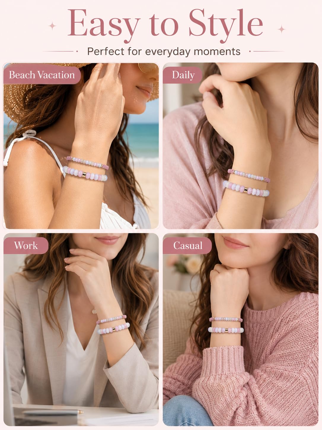 CrystalTears Morganite Beaded Bracelets for Women, 2pcs Stackable Boho Crystal Gemstone Bracelets Set with Stretch Bracelet and Adjustable Braided Bracelet Summer Beach Jewelry Gifts for Women Her