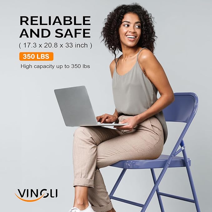 VINGLI Folding Chairs All Steel Metal Frame, Capacity 350 lbs, Durable Portable and Versatile for Indoor Outdoor Use, Darkblue, Set of 8