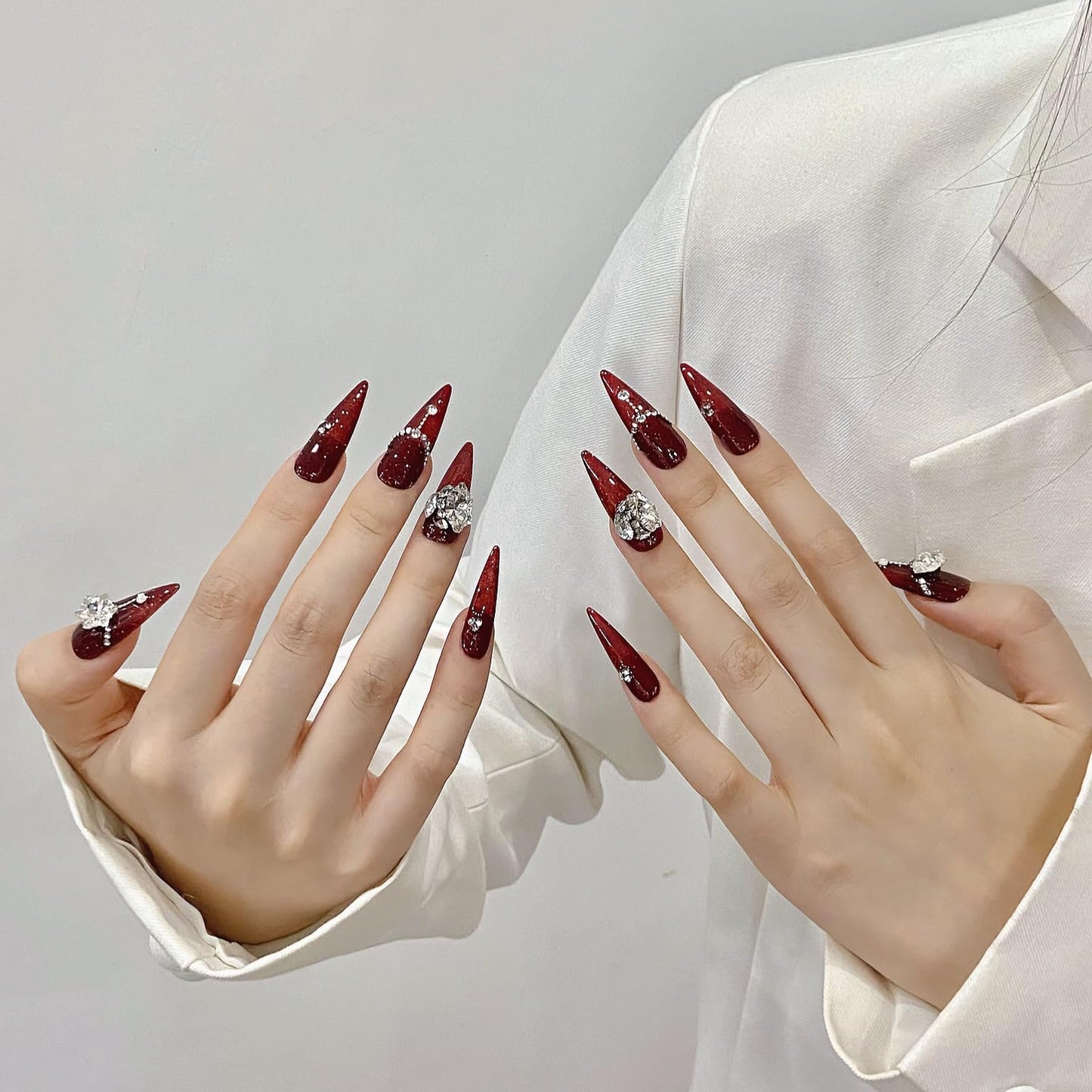 JIEADJIE Press On Nails (100% Handmade),Length Version,Handmade Painted Nail Art by Nail Technician,Luxury Party and Holiday Styles (Red Diamond, Medium)