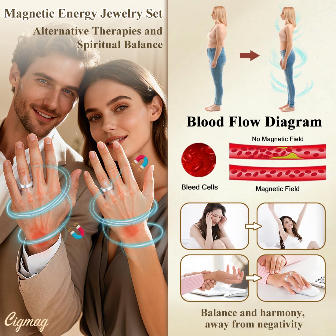Cigmag 2PCS Copper Rings for Women Men, with Powerful 9X Magnets, Adjustable Solid Pure Copper (Silver Matte)