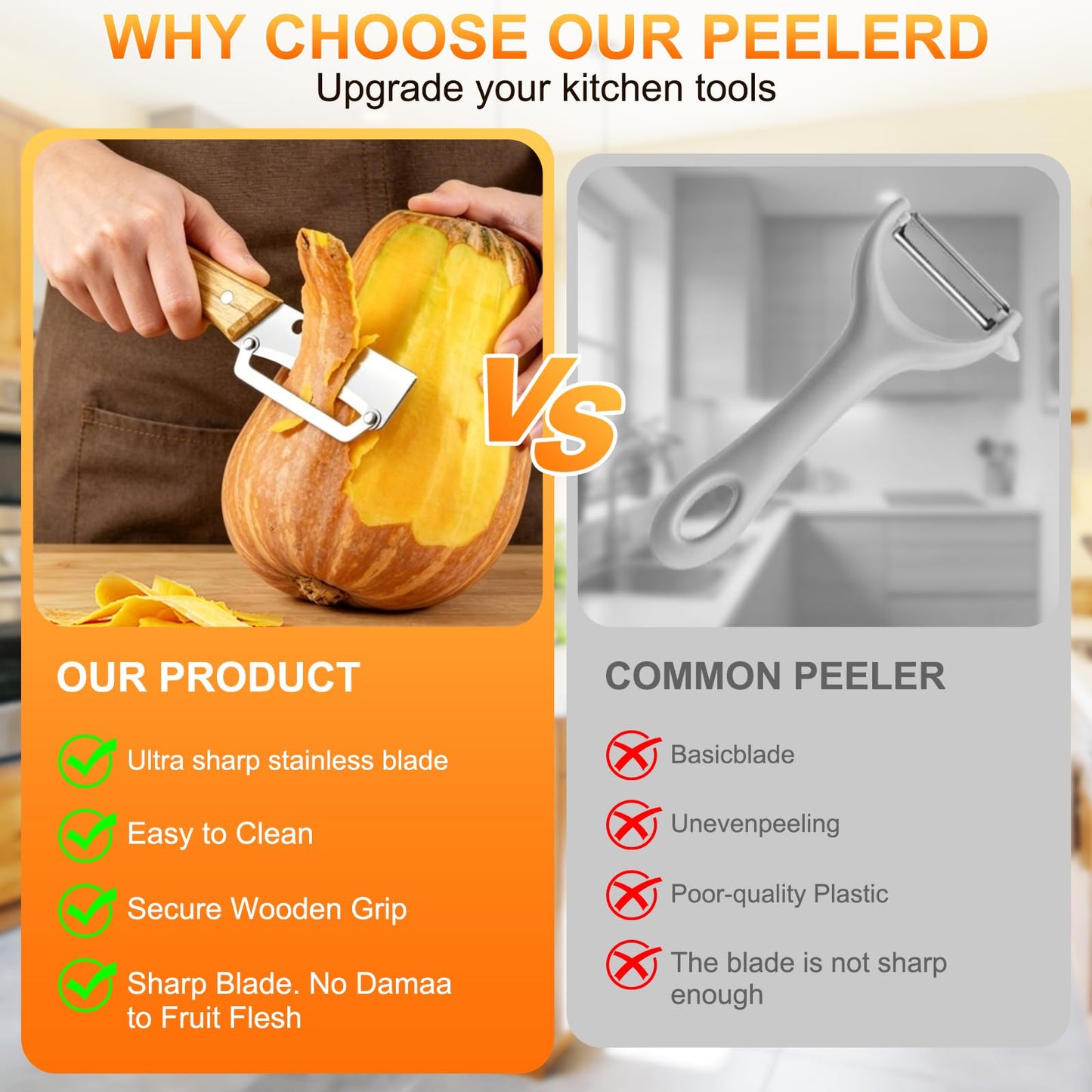 Multi-Functional Vegetable Peeler for Kitchen, with Wooden Handle and Bottle Opener, 2-in-1 Stainless Steel Blade Kitchen Tool for Fruit Apple Potato Pumpkin Papaya(2pcs)