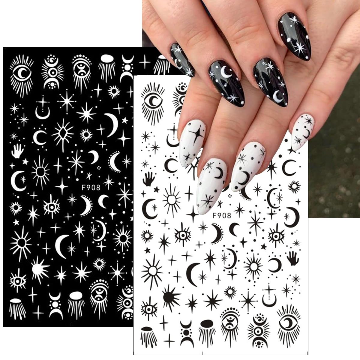 10Pcs Gothic Nail Stickers 3D Self-Adhesive Black White Nail Art Stickers Rose Leaf Snake Moon Star Design Nail Decoration Horror Eyes Nail Decals Flame Butterfly Nail Supplies for Acrylic Nail DIY