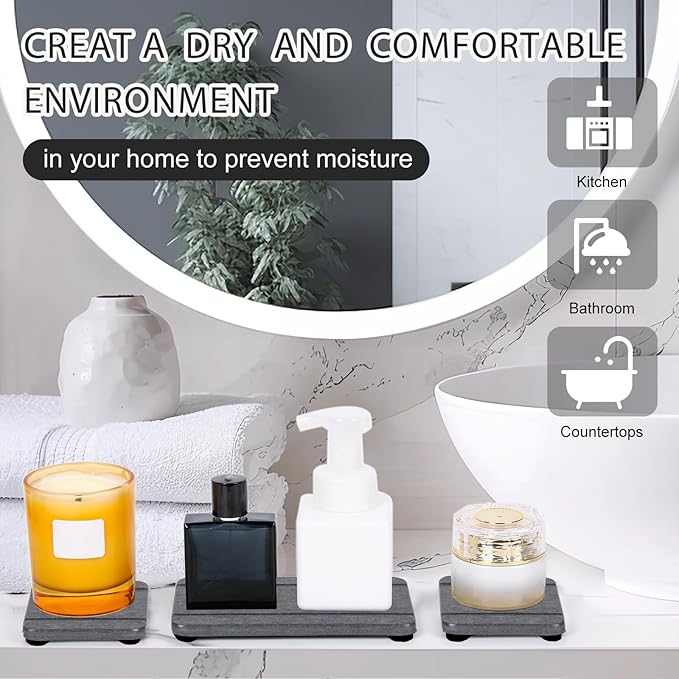 4PCS Stone Drying Trays for Bathroom Sink and Kitchen Counter, Water Absorbing Stone Tray with Diatomaceous Earth, Soap Dish and Coaster