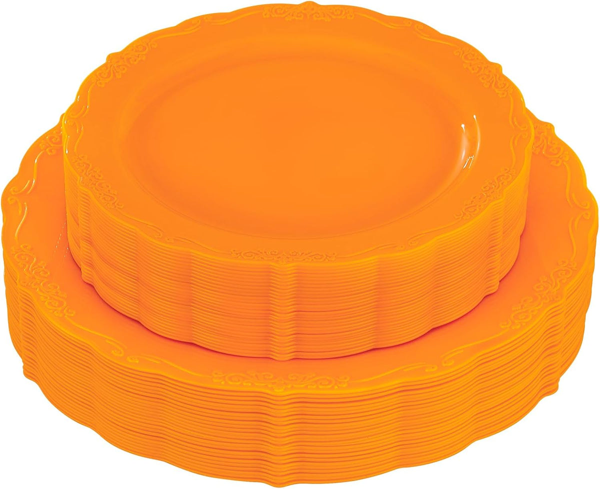 U-QE 60 Pieces Thanksgiving Plates - Thanksgiving Plastic Plates Disposable - Orange Plastic Plate for Party Including 30 Dinner 10.25 '' & 30 Dessert Plate 7.5 ''