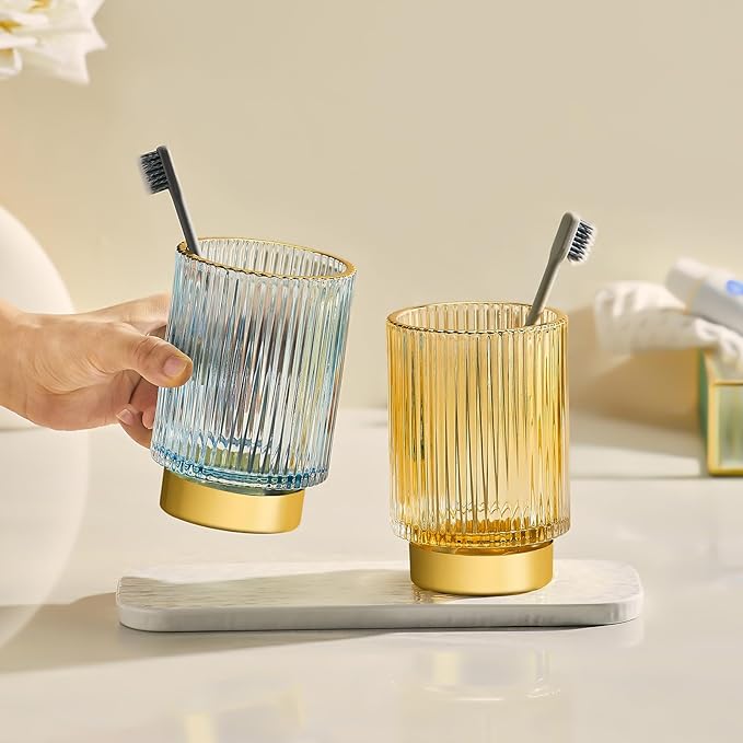 Makeup Brush Holder Organizer,Toothbrush Holders,Desk Pen Pencil Holder,Multifunctional Vintage Glass Brush Cup（L/Gold/A3-7-US）