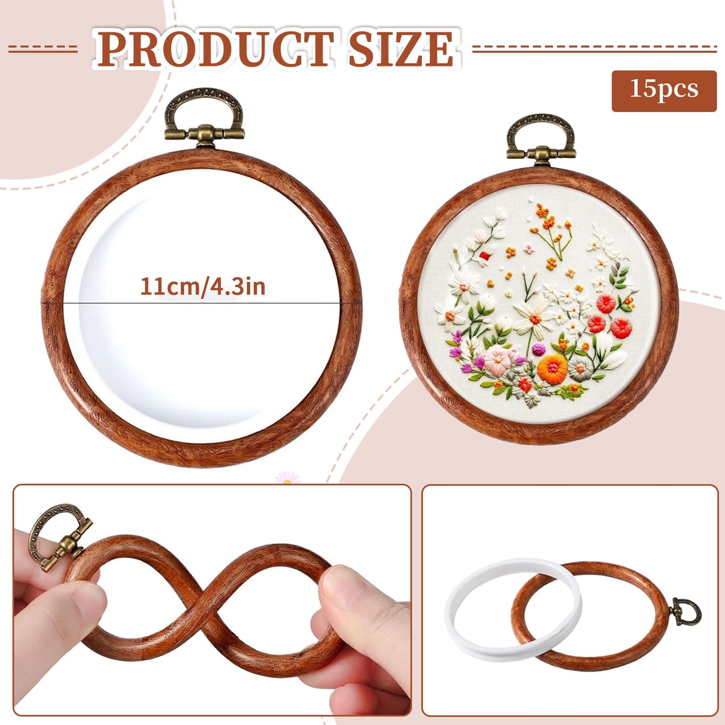 ZESHIHAOGUO 15 Pcs Round Embroidery Hoops - Rubber Ring Imitated Wood Frame Kits for Cross Stitch, DIY Craft, Sewing Projects Hanging Gifts (Brown, 4.4 Inch)