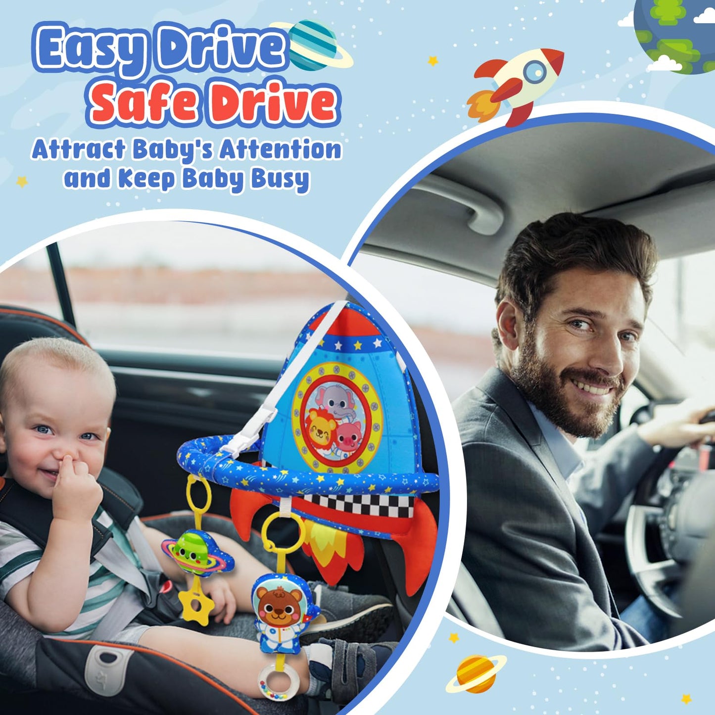 Dr.Rapeti Double-Sided Car Seat Toy, Rear Facing Car Seat Toy, Travel Activity Set, Easier Drive for Newborn, Adjustable Activity Arch with Baby Mirror, Teether, Ring Rattles