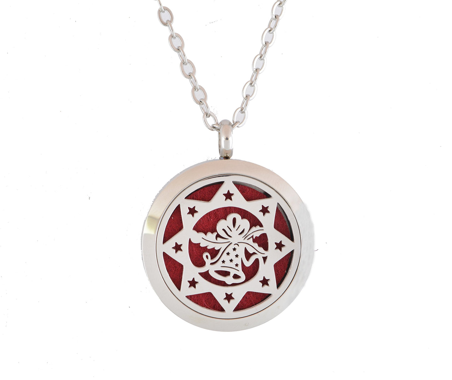 Aromatherapy Essential Oil Diffuser Stainless Steel 30MM Silver Magnetic Locket Pendant with Chain Necklace and Colored Refill Pads & Diffuser Bracelet All in a Velvet Bag (Christmas Bells in a Star)