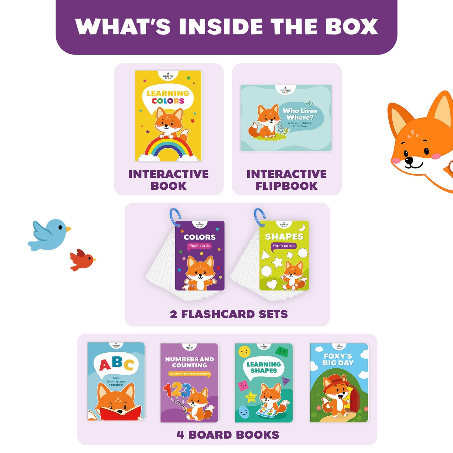 Clever Fox Play Smart Toddler Box for Kids Ages 1-3 – 8-Piece Learning Toy with Interactive Activity Books & Flashcards – Pre-K Speech Therapy, Vocabulary & Language Activities for 1, 2, 3 Year Olds