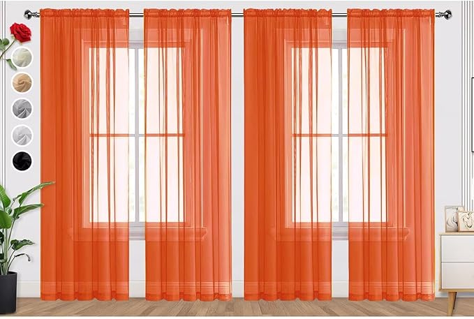 SpaceDresser Burnt Orange Sheer Curtains 4 Panels Rod Pocket Semi-Sheer Curtain 72 Inches Long Light Filtering Voile Window Drapes for Bedroom Living Room Kitchen, Each 52W x 72L