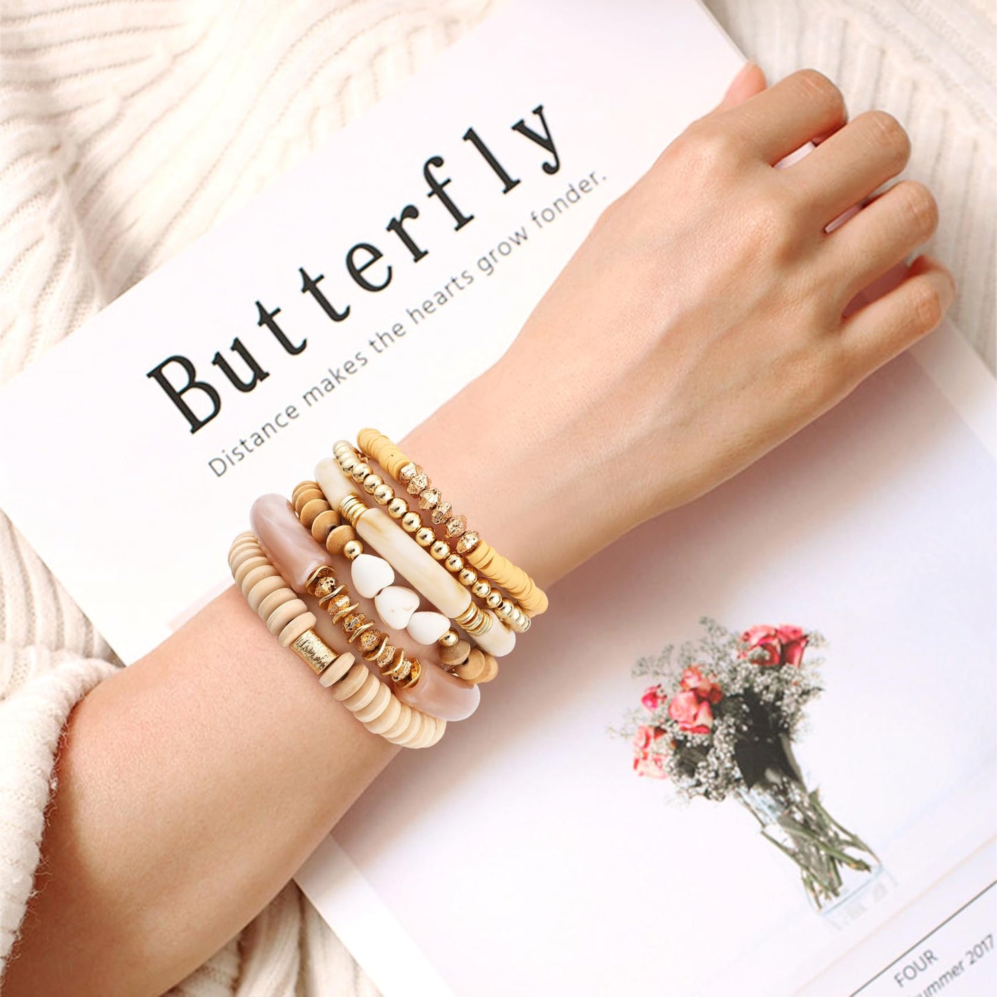 GOOJIDS Simple Beaded Gold Plated Bangles Bracelet Chunky Bamboo Tube Curved Stacking Clear Acrylic Colorful Beads Stretchable Gold Plated Bracelets Set For Women