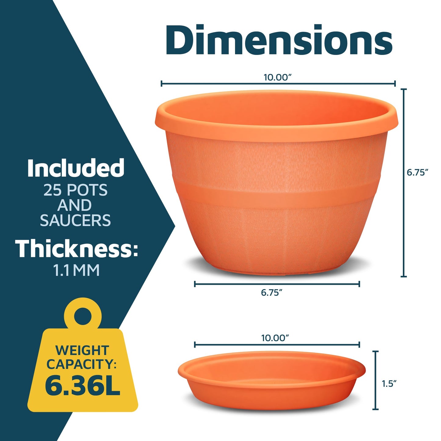 10-Inch Whiskey Barrel Planters Outdoor Pack of 25 - Durable Plastic Plant Pots for Indoor & Outdoor Use with Drainage & Saucer, Lightweight Rustic Barrel Planters for Flowers, Herbs & Small Plants