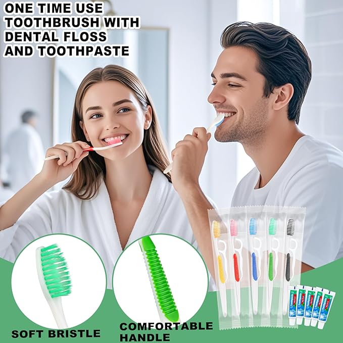 Disposable Toothbrushes with Toothpaste and Floss,30 Pcs 3 in 1 Individually Wrapped Single Use Travel Toothbrushes and Dental Floss Kit Bulk for Homeless,Guests,Dentist,Hotel(5 Colors)