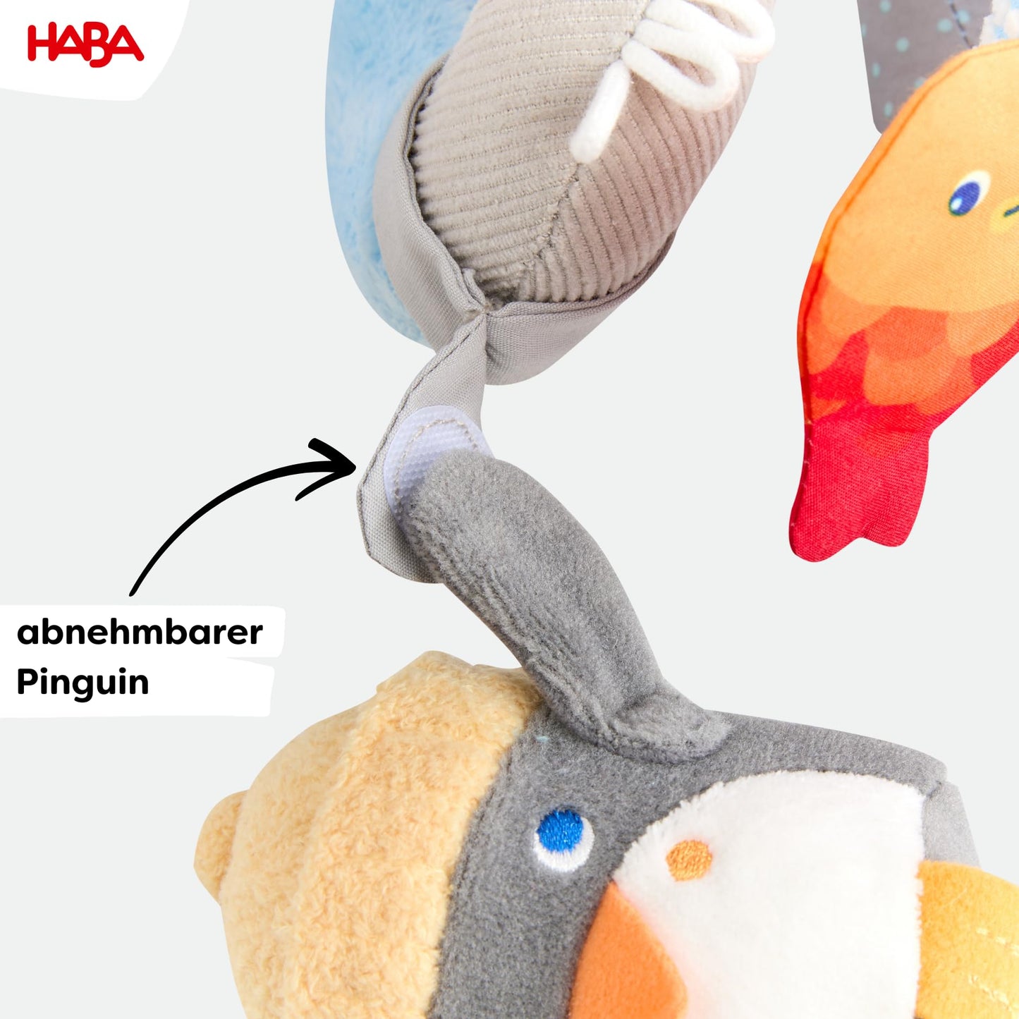 HABA Penguin Activity Spiral Car Seat Toy & Stroller Toy for Babies 0-18 Months, Soft Plush Baby Travel Gear with Crinkle, Rattle & Detachable Penguin