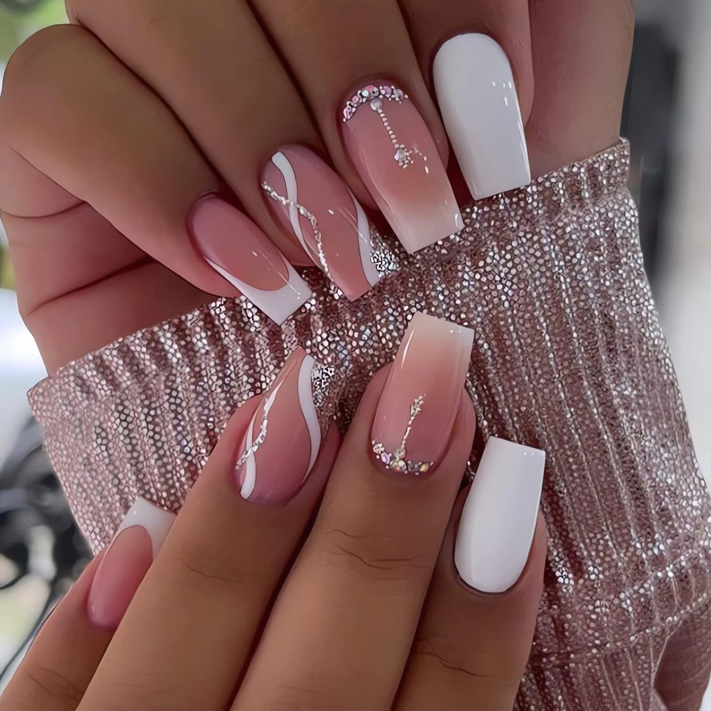 IMSOHOT Coffin Press on Nails Long Gradient Fake Nails Pink Rhinestone False Nails with Designs White Ballerina French Glossy Full Cover Acrylic Nails 24Pcs