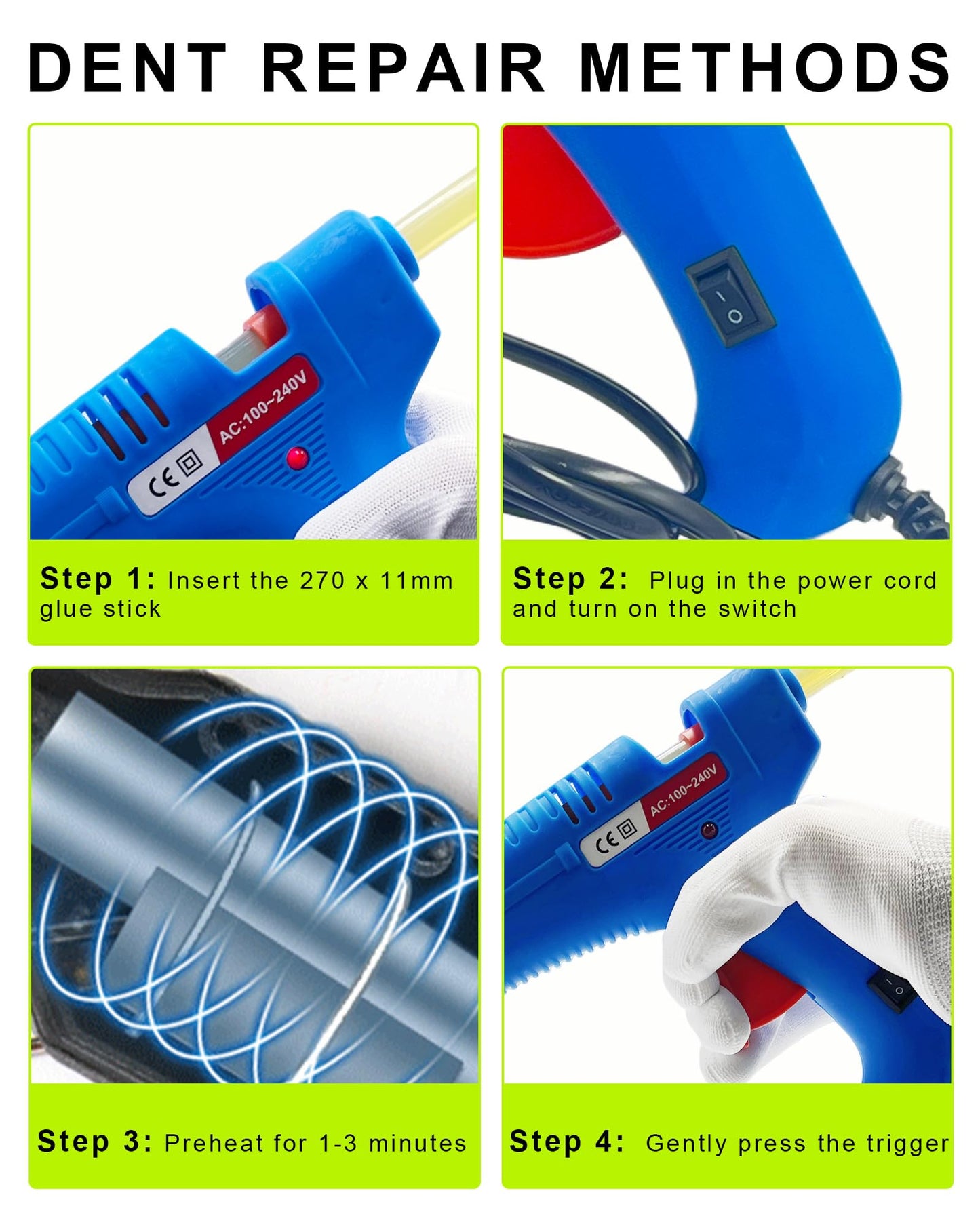 Car Dent Repair Kit Includes A 100W Hot Glue Gun + 10pcs Paintless Dent Removal Hot Glue Sticks, Suitable For Car Dent Repair, Home Renovation, Quick Daily Repairs, And Diy Craft Projects