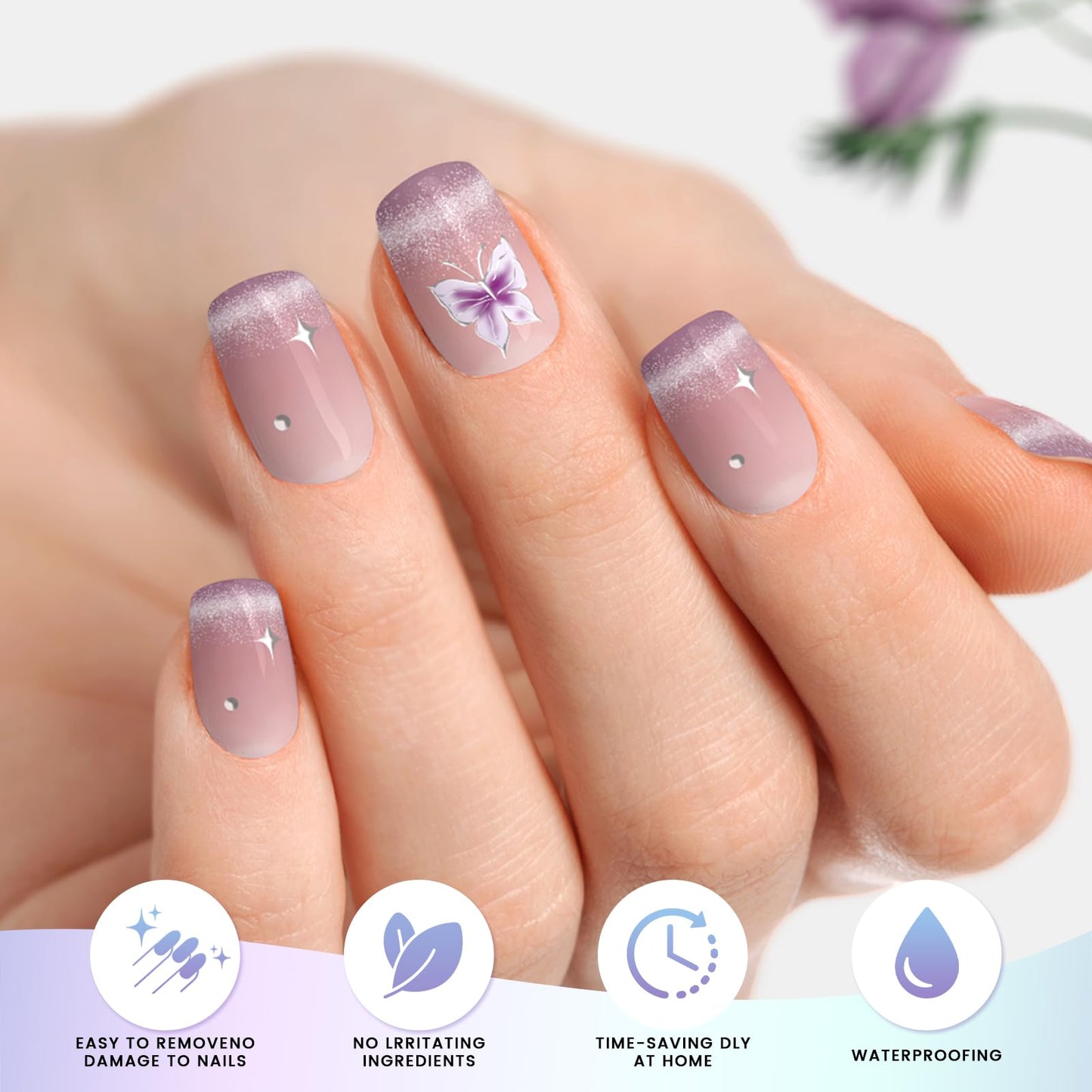 OAUEE Semi Cured Gel Nail Strips | Gel Nail Stickers with UV Light Required | Salon Quality, Easy Application and Removal（Purple Butterfly Cat's Eye）
