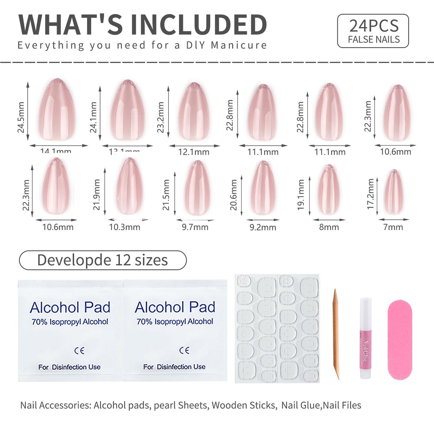24PCS Soft Gel Press On Nails Almond Nude Pink with Subtle Glitter French Tip, Natural Glossy Glue On Nails, Reusable Fake Nails for Women