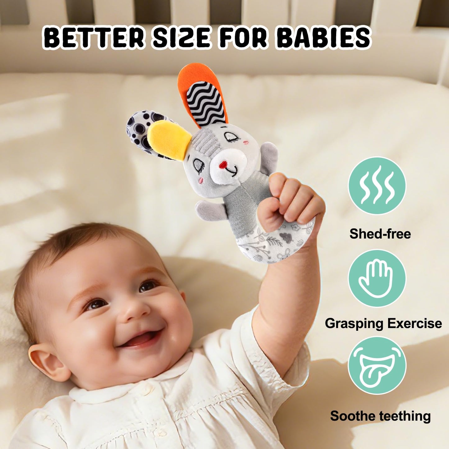 Sensory Shaker Rattle for Babies 0-6 Months, Infant Developmental Toys with High Contrast Patterns, Soft Plush Rabbit & Textured Ring for Auditory Visual Tactile Learning