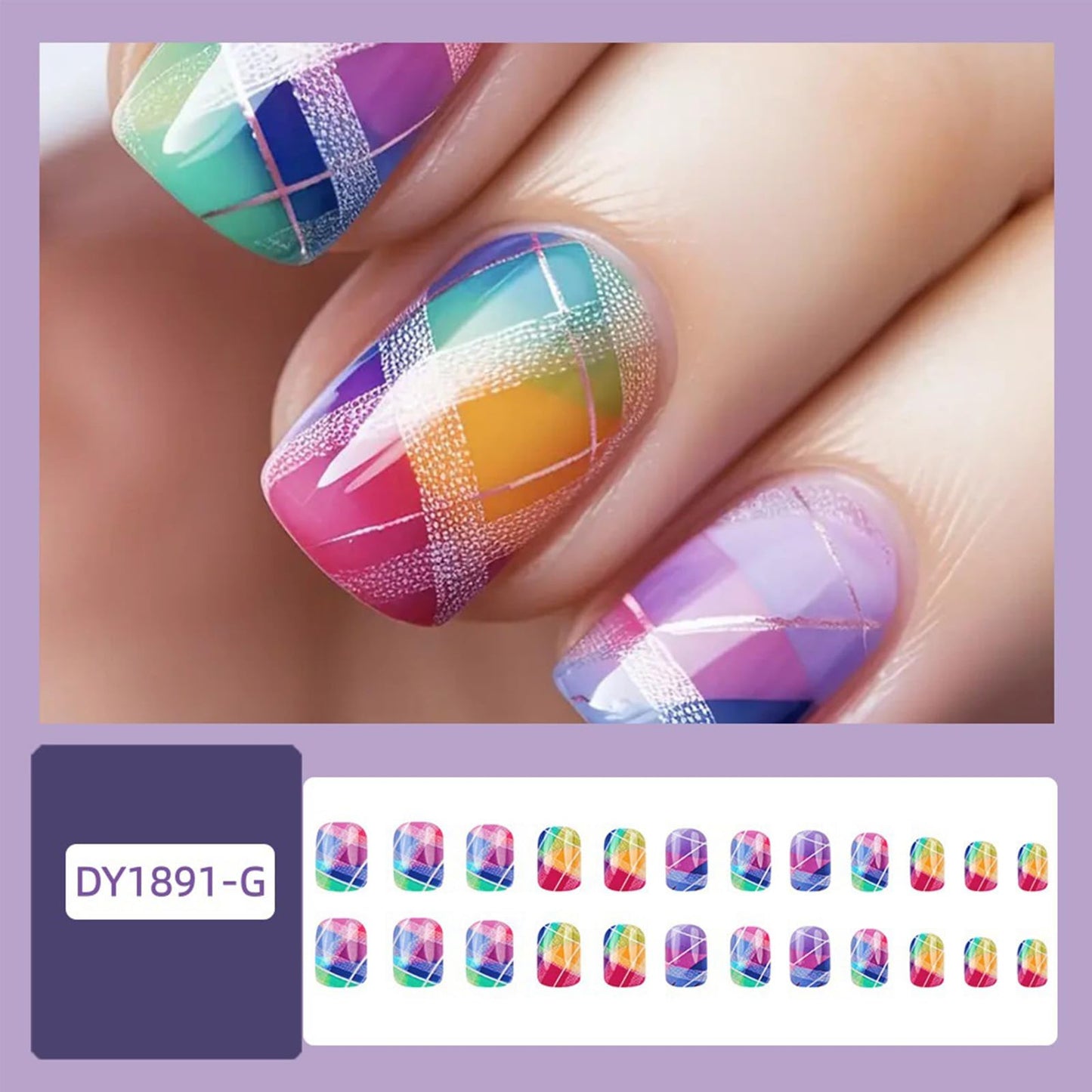 Rainbow Checkered Press on Nails Short Square Gradient Fake Nails with Designs 24Pcs Spring Summer False Nails Press ons Glossy Stick on Nail Reusable Artificial Glue on Nails for Women