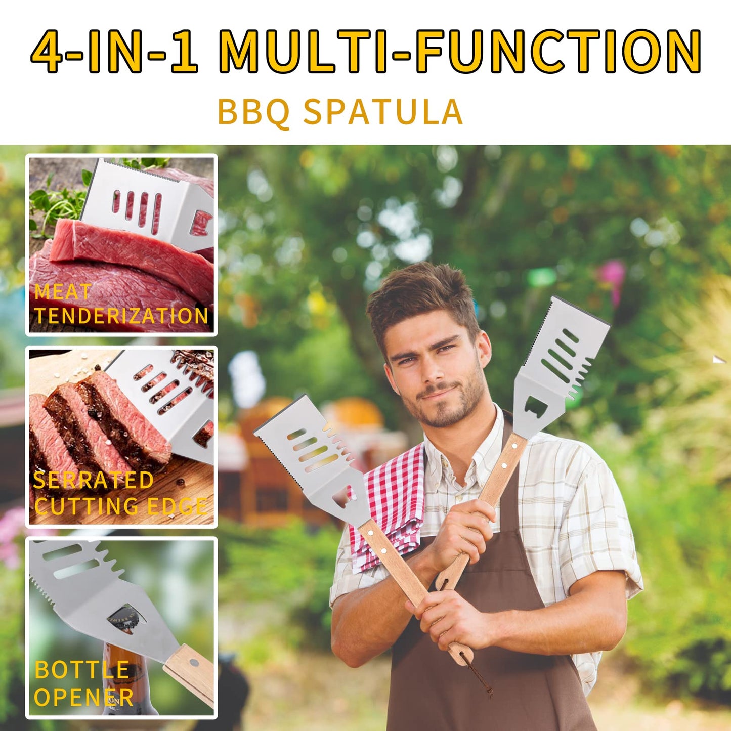 Qinshaine 4-in-1 BBQ Spatula, Multifunction Grill Spatula with Wooden Handle, perfect for BBQ grills and kebabs for camping picnics
