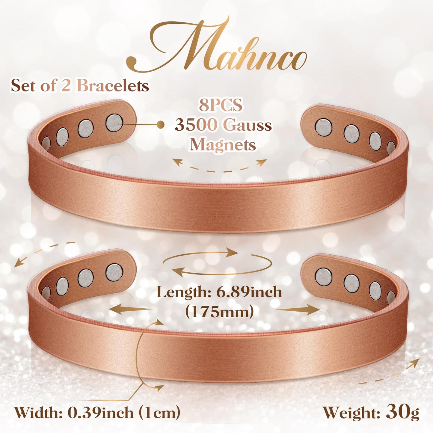 Copper Bracelets for Women & Men: Magnetic Bracelets with 8 Magnets, 3500 Gauss, 100% Pure Copper