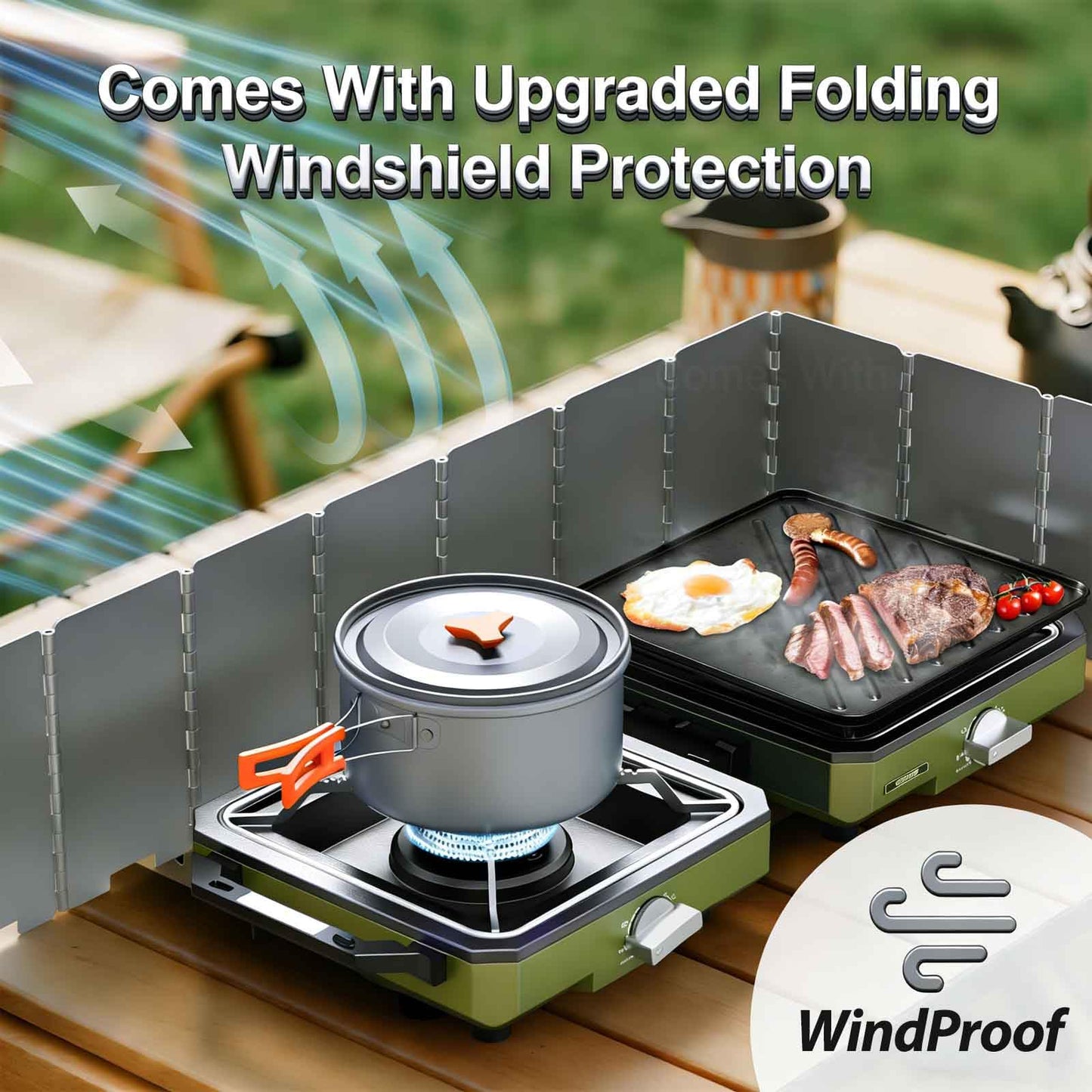 HOMGEN Portable Camping Cooking Set with Folding Windscreen-Lightweight Aluminum Camp Pots and Pan-800ml Teapot- 2 Cups & Plates- Complete Camping Mess Kit for Hiking Picnic Camping RV Trevel Trip