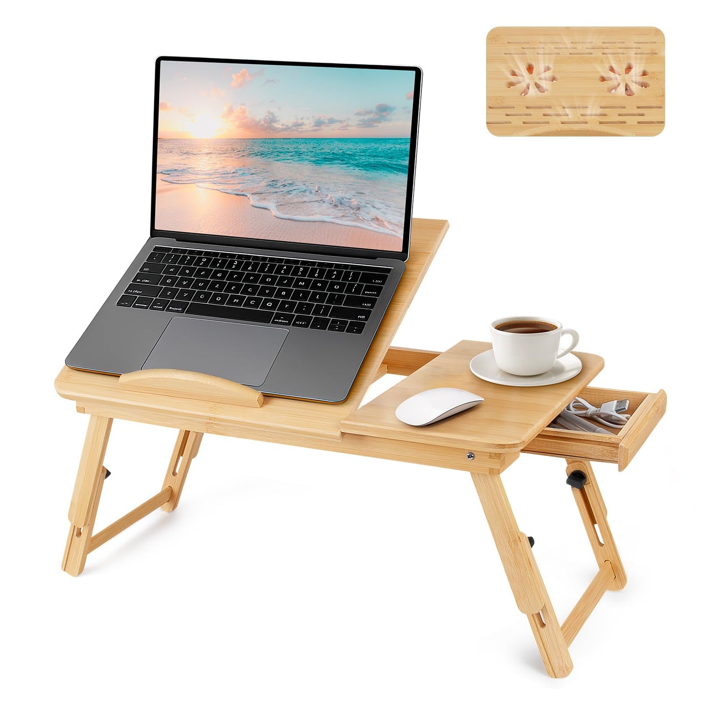 Usofhaus Bamboo Laptop Desk for Bed, Height & Angle Adjustable Foldable Lap Desk with Drawer & Cup Holder, Portable Bed Desk Table for Working, Reading, Writing or Breakfast on Sofa, Couch or Floor