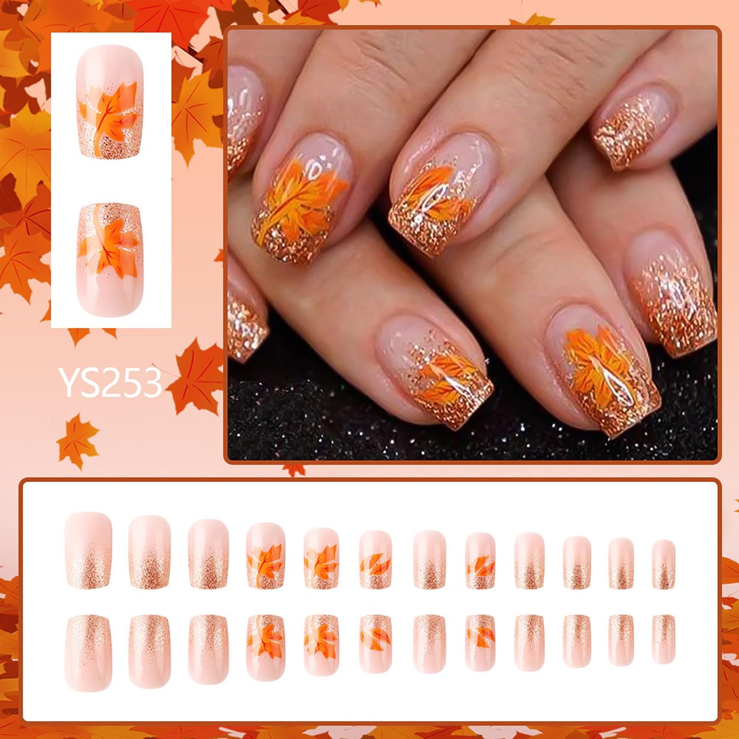 Thanksgiving Press On Short Nails Acrylic Glossy Full Cover Fall False Nails with Maple Leaf Designs Artificial Autumn Leaves Glue Ons Fake Nails for Women Girls (YS253)