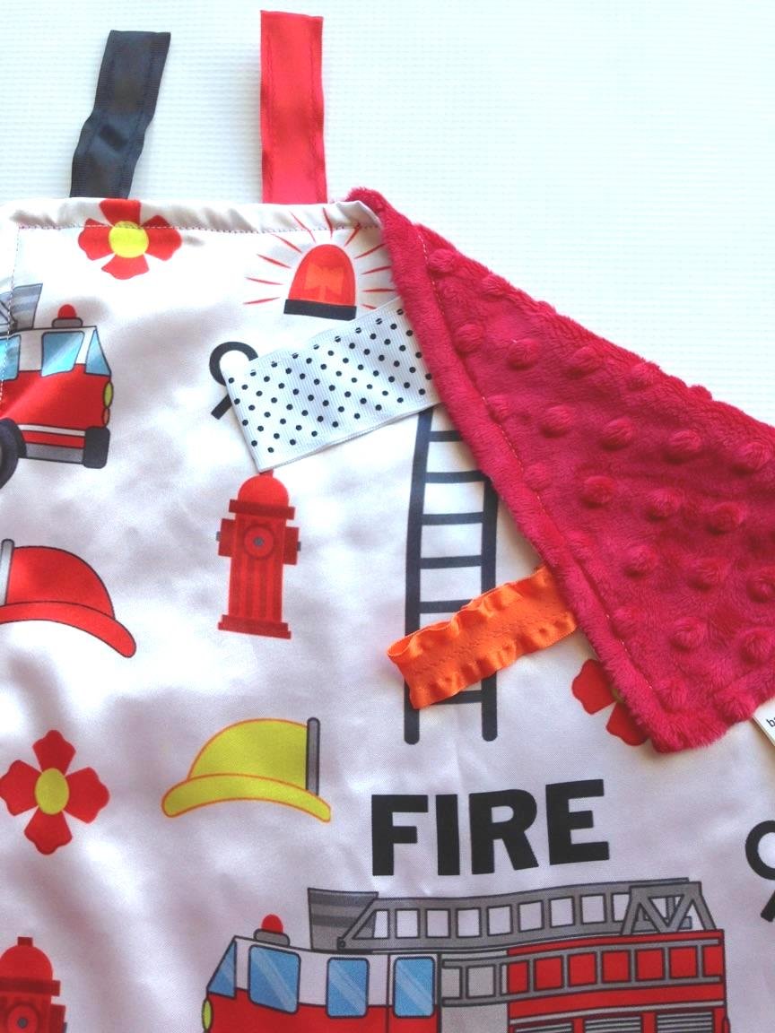 Baby Sensory, Security & Teething Closed Ribbon Tag Lovey Blanket with Minky Dot Fabric: 14”X18” (Firefighter)