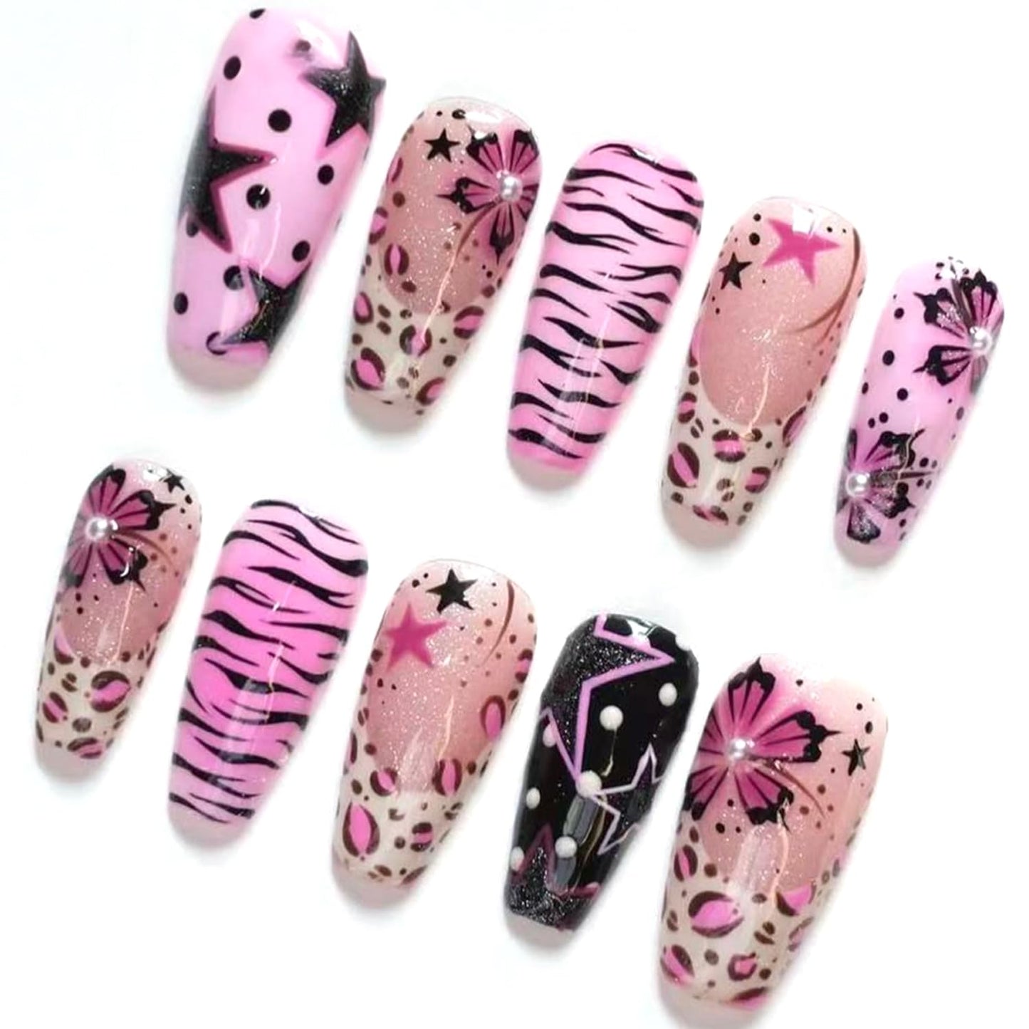 30Pcs Medium Press on Nails Square Fake Nails with 3D Pearl-decorated Y2K Style Five-Pointed Star Zebra Stripe Flower Design Glossy False Nails French Nail Tips Cute Stick on Nails for Women