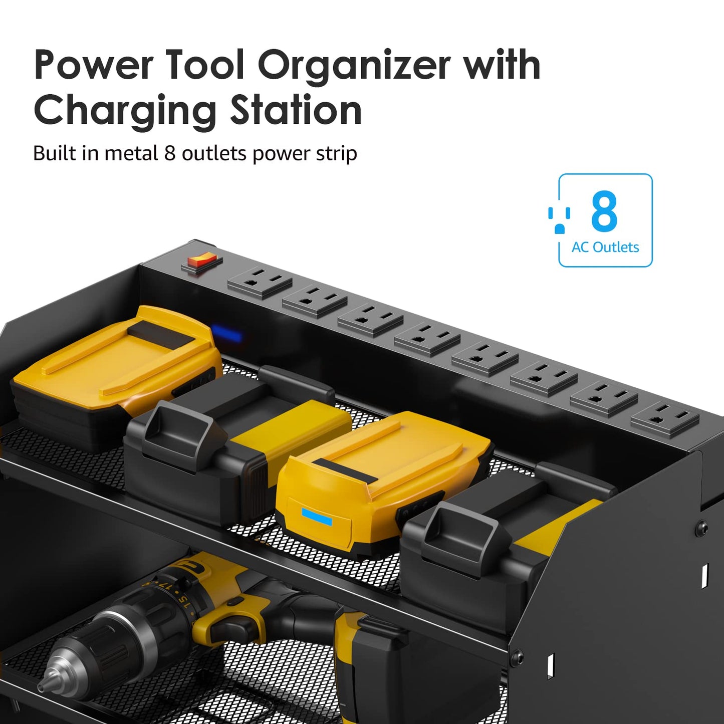 CCCEI Modular Power Tool Organizer Wall Mount with Charging Station. Garage Drill Storage Shelf with Hooks, Heavy Duty Rack, Tool Battery Holder Built in 8 Outlet. Gift for Men. Black, 2 Pack.