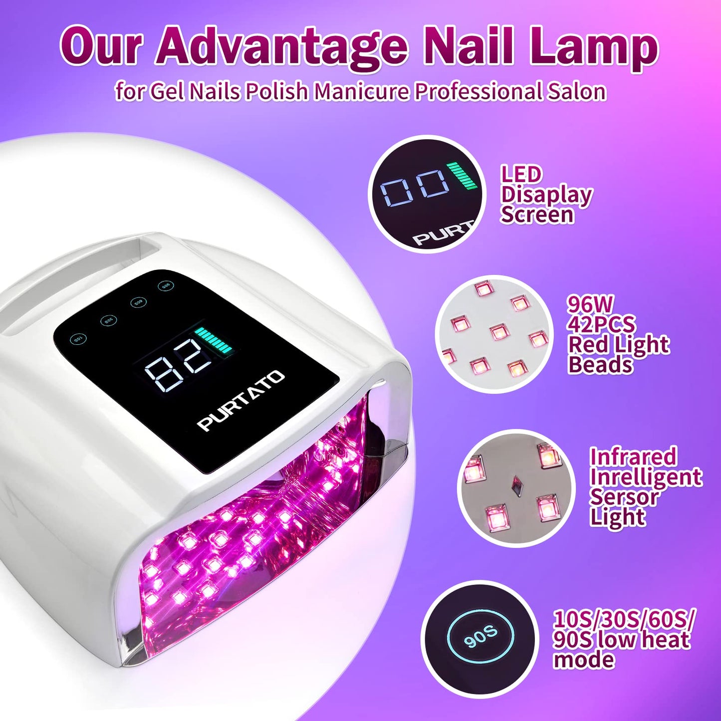 PURTATO Professional Rechargeable 96W UV LED Portable Cordless UV Light for Nail Lamp Machine with Removable Stainless Steel Bottom,4 Timer Setting and Smart Sensor Nail Dryer (White)