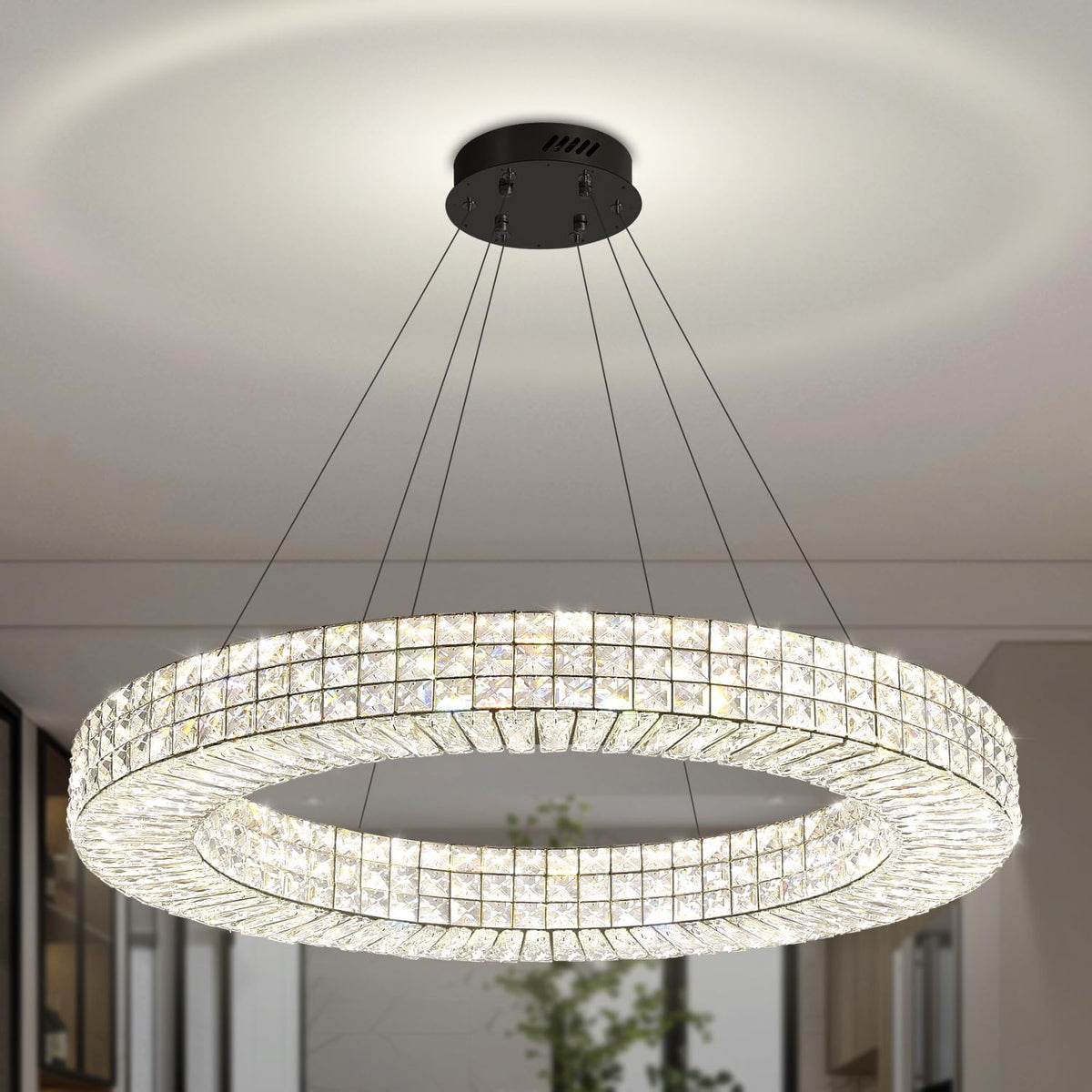 Dia 40" Modern Chandelier Ring Crystal Chandelier Adjustable Height Luxury Crystal Pendant Ceiling Light Fixture for Dining Living Room Bedroom