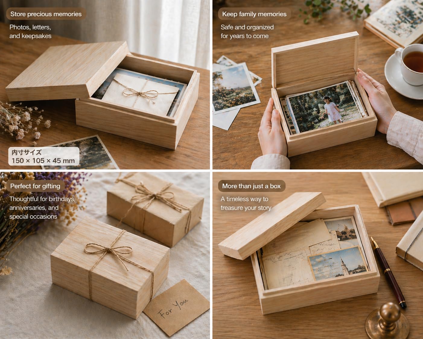 Wooden Keepsake Box for Photos & Memories – Japanese Kiribako Storage for Letters & Postcards (Small)