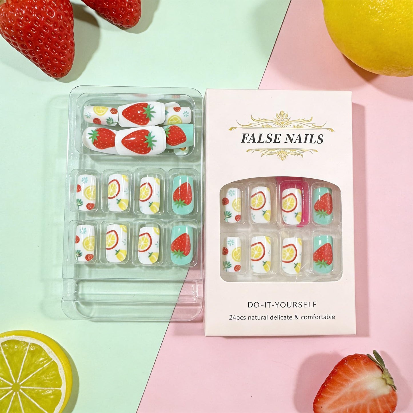 Summer Press on Nails Medium Square Fake Nails with Strawberry Lemon Designs Cute Acrylic False Nail Glossy Full Cover Stick on Nail Reusable Artificial Glue on Nails for Women 24Pcs