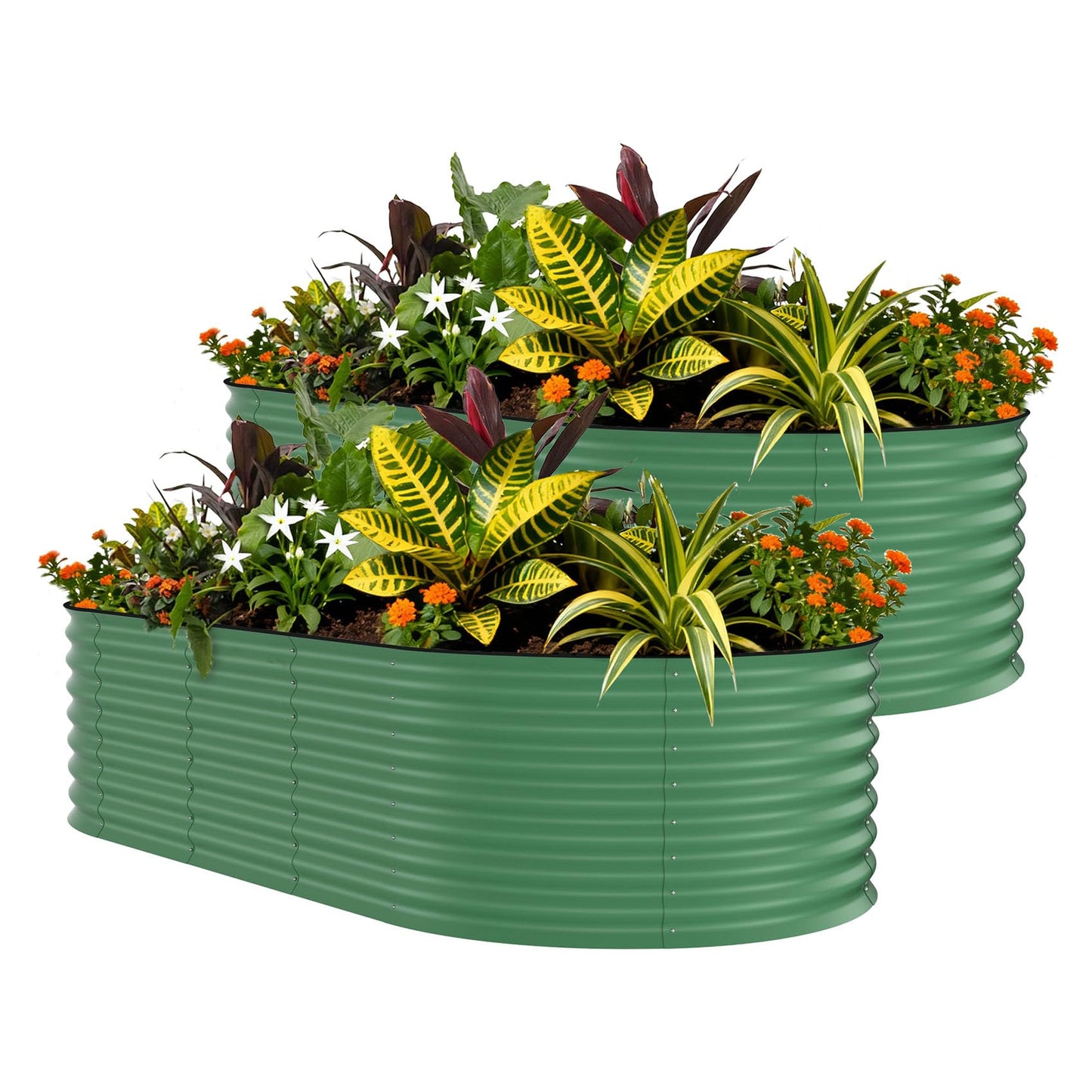 Garvee 2 Pack 10x4x1.5ft Galvanized Raised Garden Bed Kit, Oval Metal Planter Boxes with Anti-Cut Safety Edges, Rust-Resistant Deep Root Planters for Outdoor Vegetables, Flowers, Herbs, Green