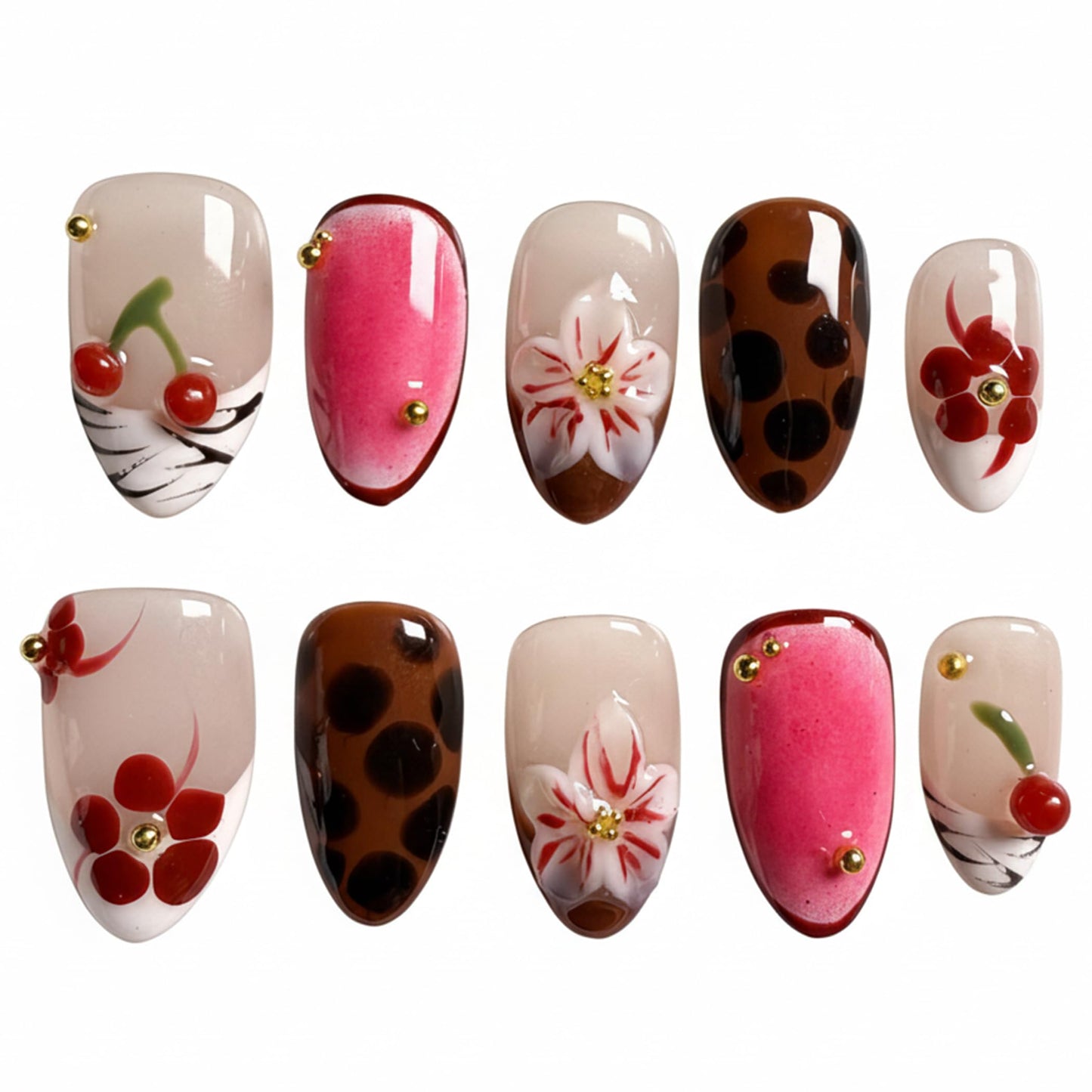 Handmade Press On Nails Almond Short Cherry Red Floral Leopard Handmade Nails 3d Floral Reusable Wedding Prom And Festival Gift Handmade Acrylic Press On Nails (Medium)