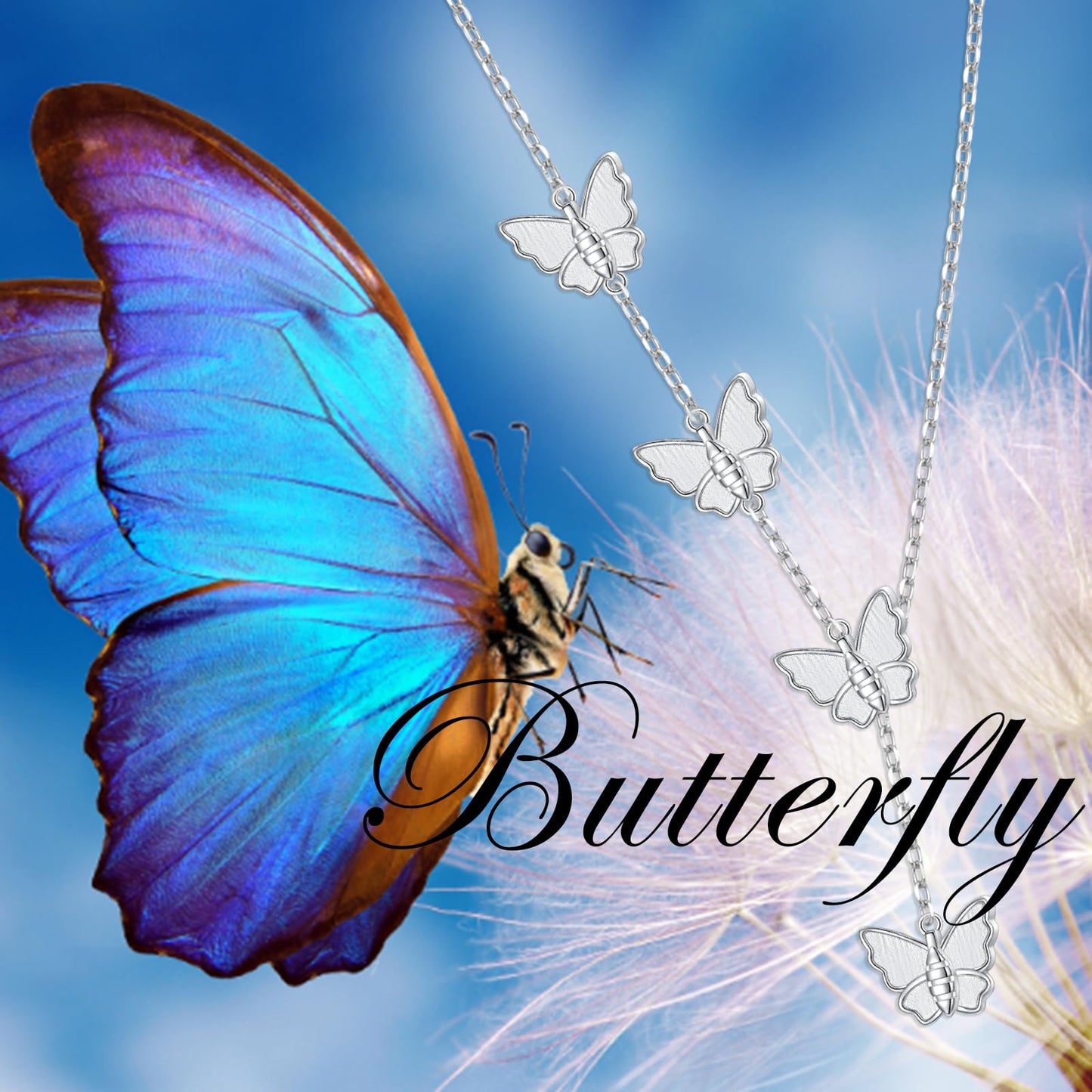 DAOCHONG Butterfly Y Shaped Lariat Necklace Sterling Silver Lariat Long Chain Drop Adjustable Necklace Layered Necklace 30"