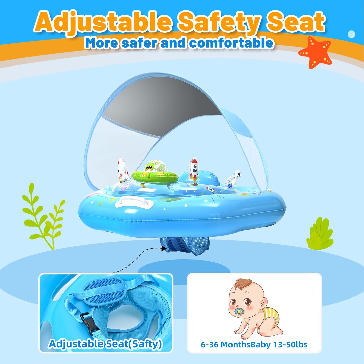 Baby Pool Float with Canopy, Inflatable Baby Swim Float with UPF50+ Sun Protection, Infant Pool Float with Toy Play Console,Safety Handles & Leashes,Adjustable Safety Seat For Toddler Aged 6-36 Months