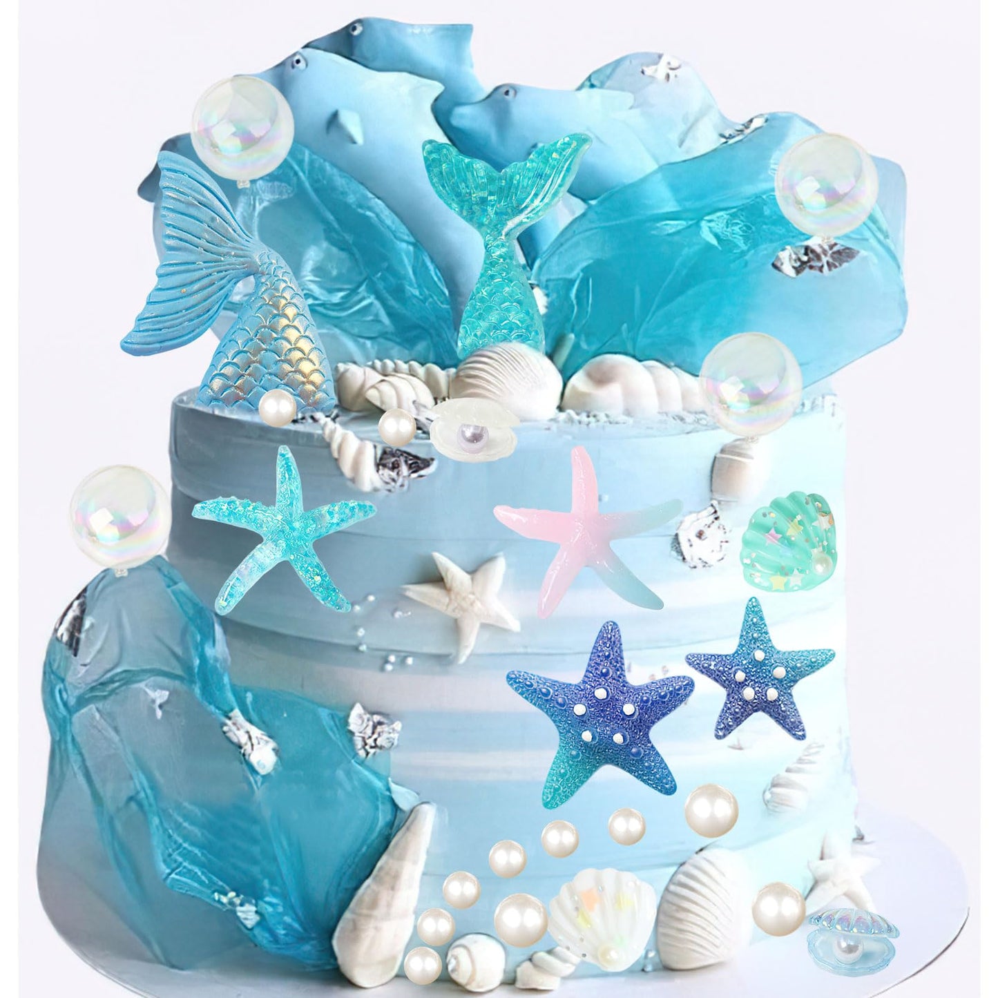 28pcs Sea Ocean Theme Birthday Cake Decoration Toppers Fishtail Starfish Shell Bubble Pearl Cupcake Decor for Under the Sea Theme Birthday Party Supplies
