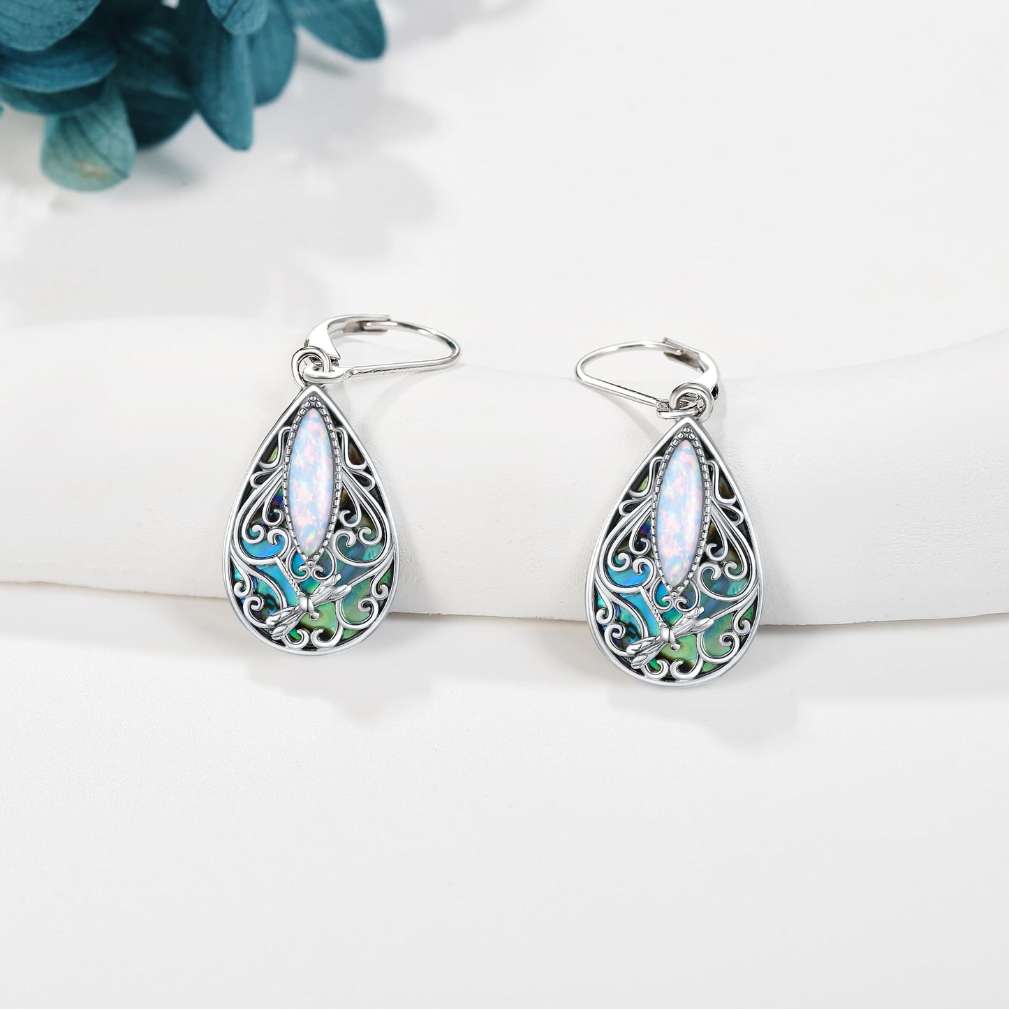Dragonfly Filigree Earrings Sterling Silver Teardrop Opal Filigree Leverback Earrings Gifts for Women Jewelry
