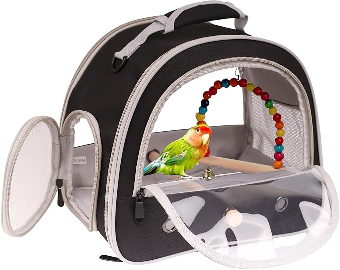Parrot Travel Cage Carrier with Bird Cage Bells Mirror Set,Portable Small Bird Parakeet Bag with Standing Perch and Comfy Mat Bird Carry Transport Bag with Clear Window Outdoor Adventure