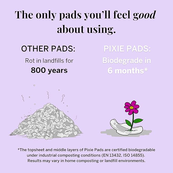 Pixie Organic Cotton Pads for Women - Ultra Thin with Wings, Leak-Proof & Moisture-Wicking - Compostable, Unscented Menstrual Pads - Regular Absorbency - 12 Count
