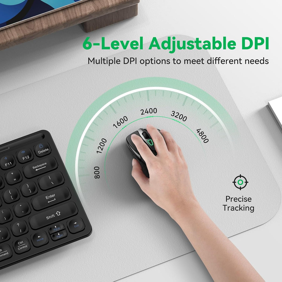 Bluetooth Mouse (BT5.0/3.0 & 2.4G) Rechargeable Wireless Mouse, 4800 DPI Optical Tracking, 6 Adjustable DPI, 2.4GHz with USB A Receiver, Quiet Clicks, Ergonomic Grips, 6 Buttons - Black
